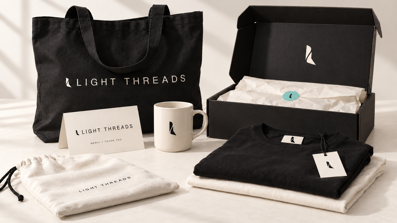 Écosystème Light Threads avec sac, mug, carte de remerciement et emballage