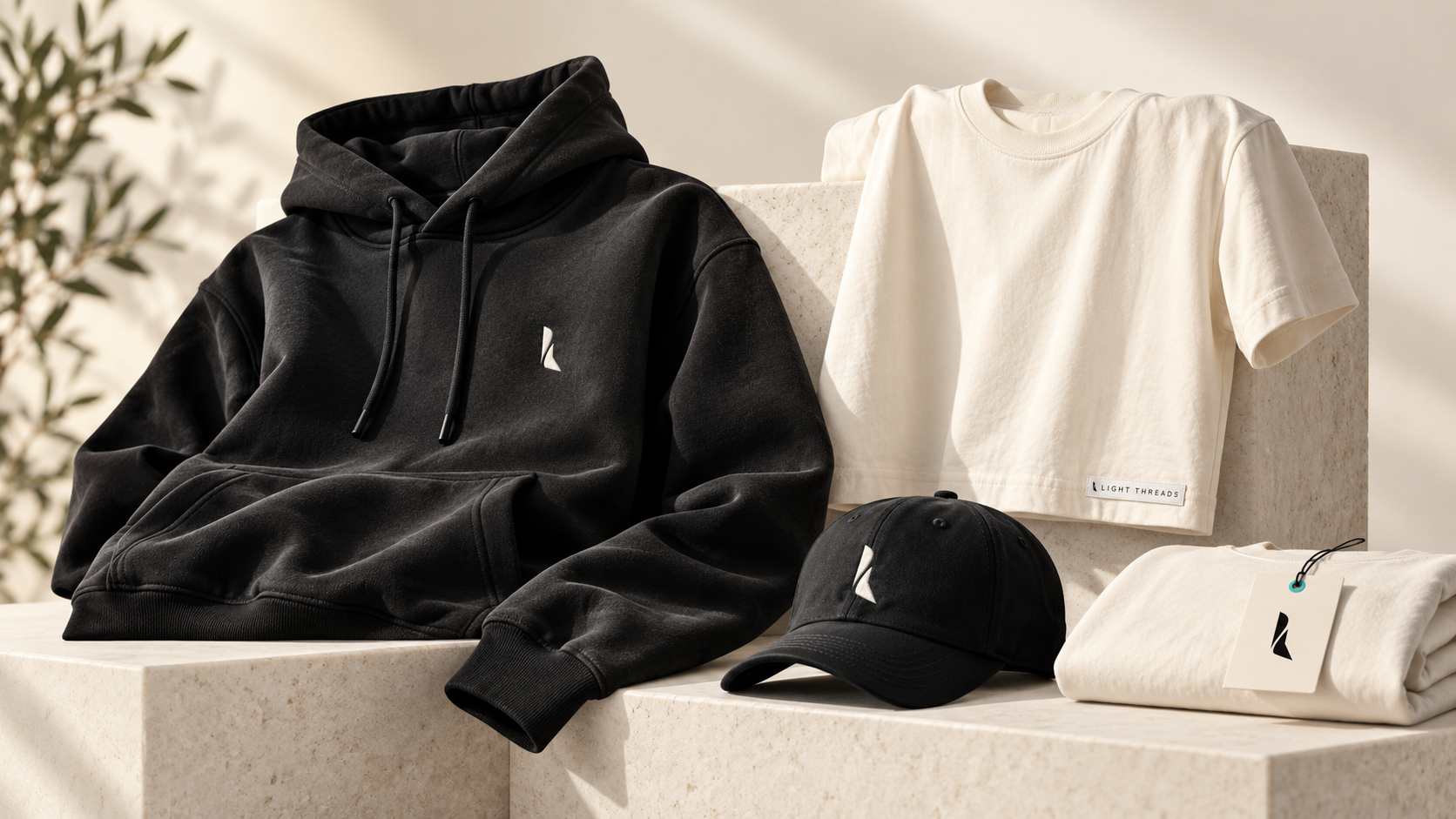 Projection de la collection Light Threads sur un hoodie, un t-shirt et une casquette
